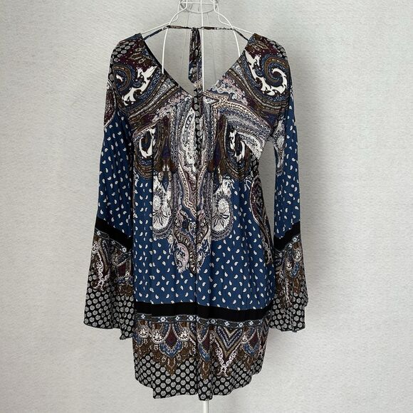 Velzera Mini Dress Women M Blue Multi Paisley TieBack Boho Peasant Gypsy Cottage - Picture 9 of 16
